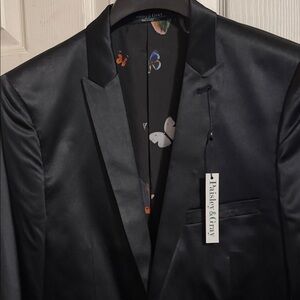 Paisley & Gray Black Satin Tuxedo Jacket with Butterfly-Print Lining